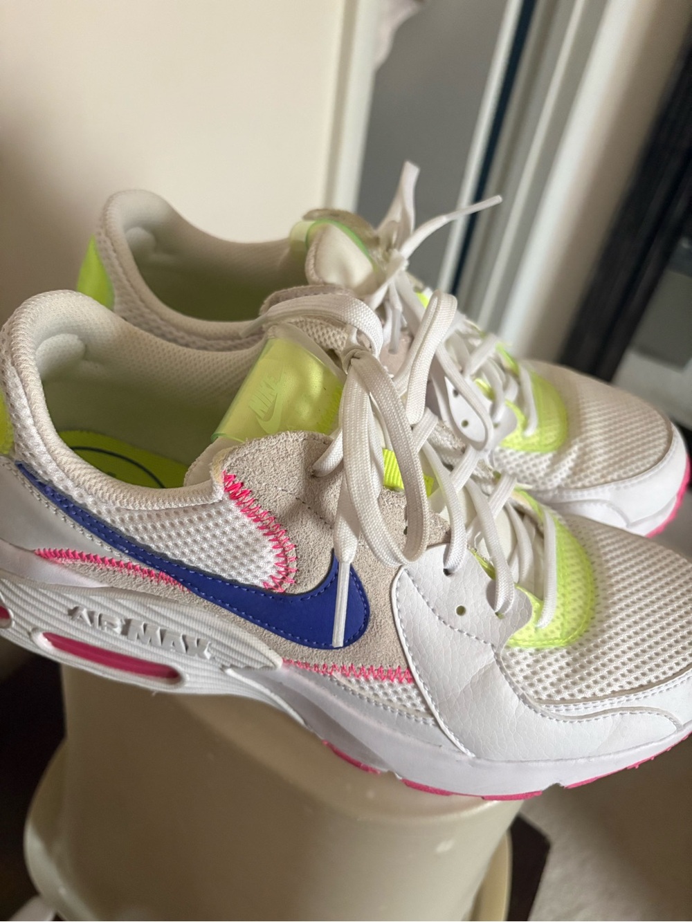 Nike Women’s Air Max Excee White Sneakers with Blue Swoosh and Neon Accents